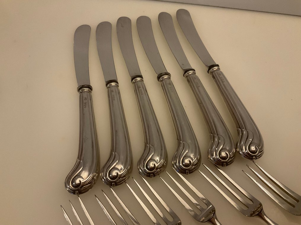 John Biggin Ltd - 餐具套装 (12) - 一套12把的纯银手柄、不锈钢刀片和叉子,配有套装盒 - 925纯银 #4.3