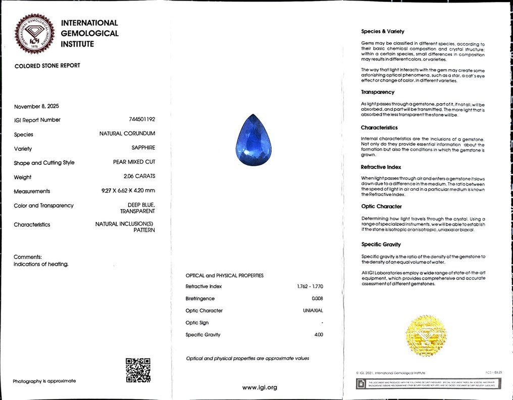 Nincs minimálár Kék Zafír  - 2.06 ct - Nemzetközi Gemmológiai Intézet (IGI) #2.1