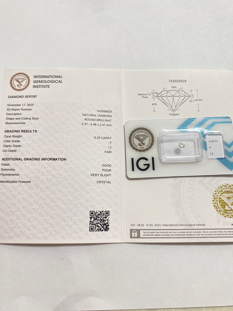 没有保留价 - 1 pcs 钻石  (天然)  - 0.29 ct - 圆形 - F - I2 内含二级 - 国际宝石研究院（IGI） #4.3