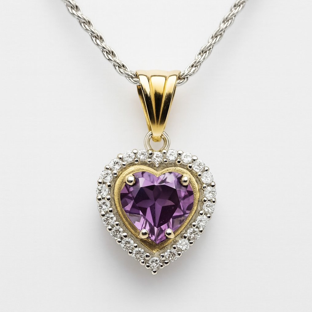 Fără preț de rezervă - Colier cu pandantiv - 18 ct. Aur galben, Argint -  1.08ct. tw. Ametist - Diamant #1.0