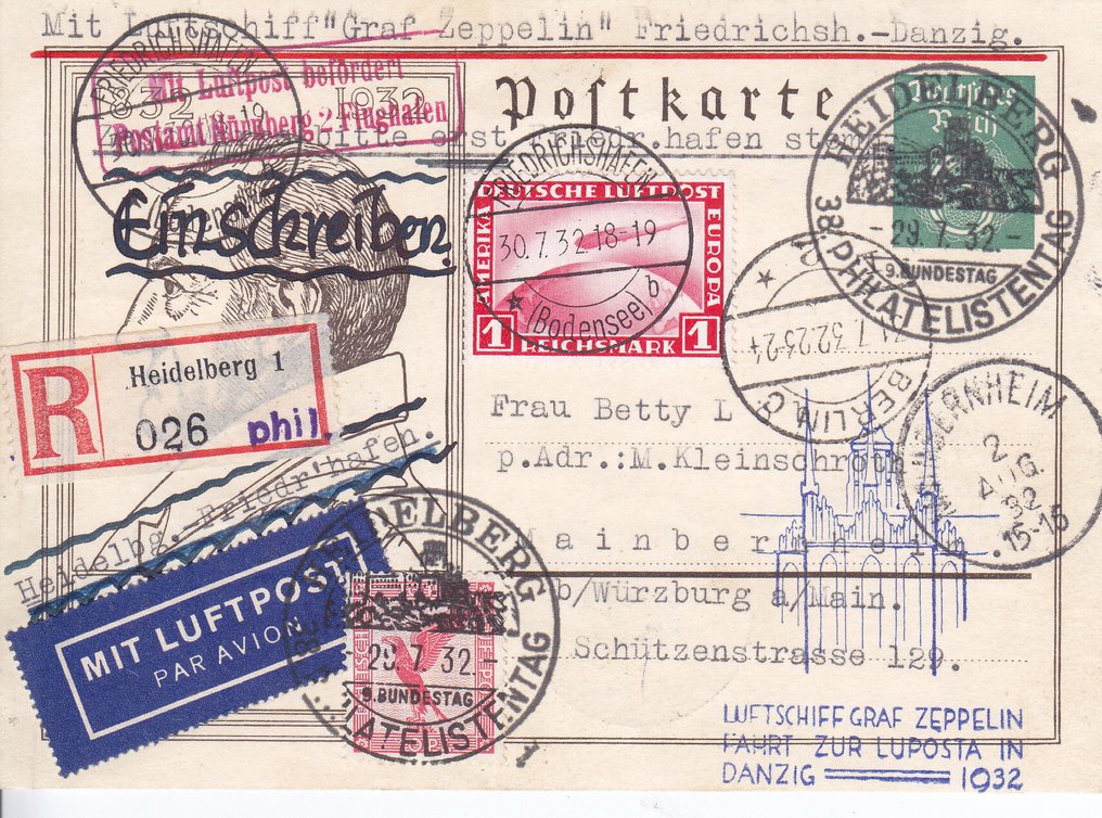 Német Birodalom 1932 - R-Ganzsache ZuF 1 márka Zeppelin stb. Danzig útjára LUPOSTA #1.0