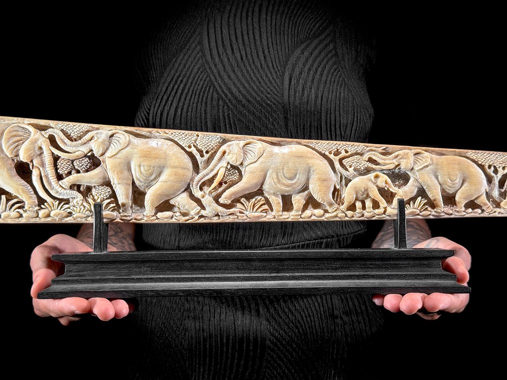 NO RESERVE PRICE - Stunning Large carved Swordfish Tusk - Elephants Motif - Rostrum - Xiphias Gladius - 15 cm - 82 cm - 6 cm- Non-CITES species - (1) #2.1