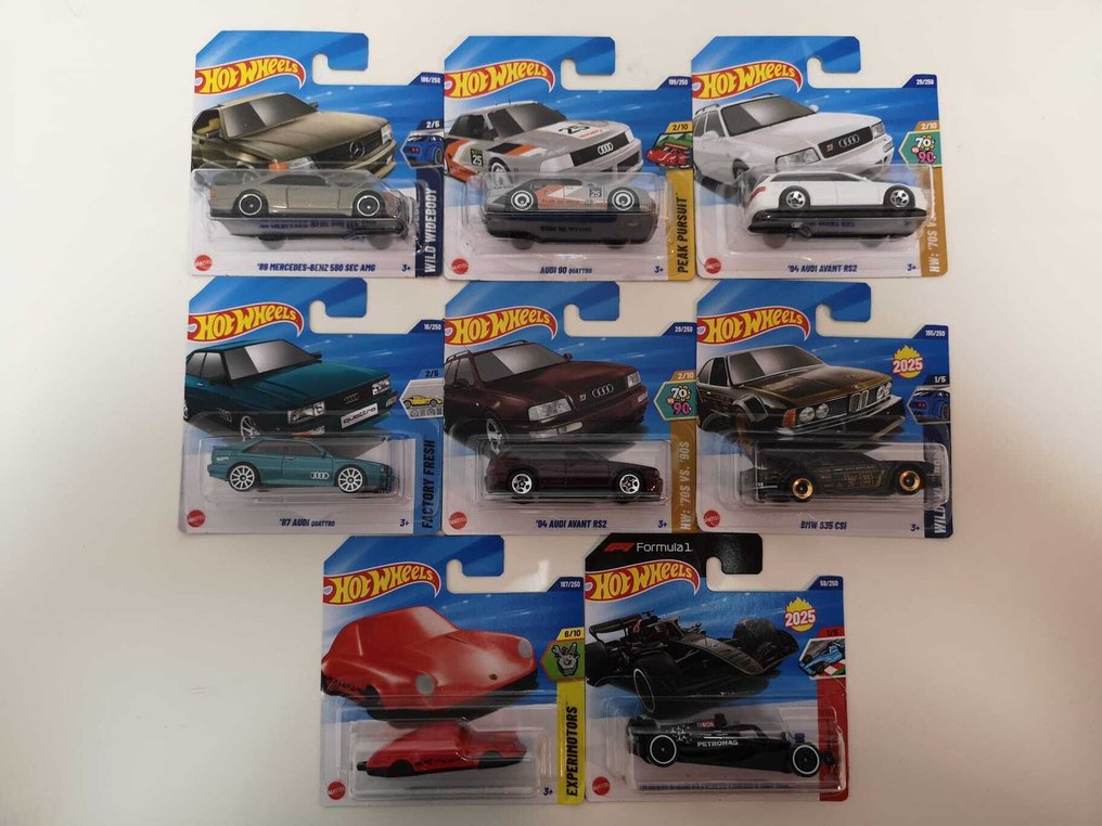 Hot Wheels 1:64 - Model car  (8) - '89 MERCEDES-BENZ 560 SEC AMG, Audi avant rs2, Audi Quattro '87, F1 Mclaren Mercedes Petronas - German Icons & Motorsport Lot – Audi, BMW, Mercedes, Porsche – 10 Hot Wheels (2024–2025) #1.0