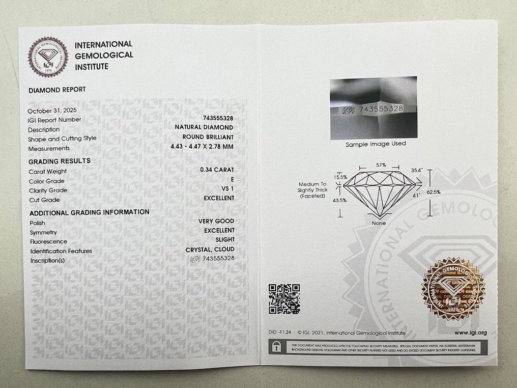 1 pcs 鑽石 (天然) - 0.34 ct - 圓形 - E(近乎完全無色) - VS1 - 國際寶石學院(International Gemological Institute (IGI)) #3.2