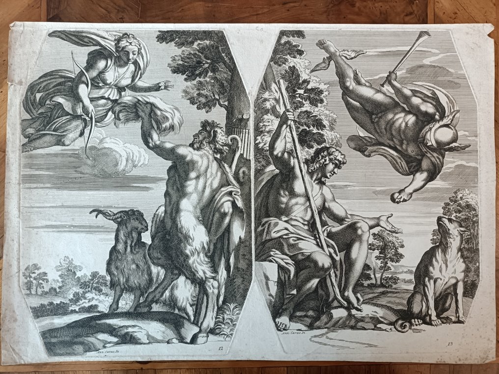 Annibale Carracci (1560–1609), after - Diana e Pan di Carlo Cesio 2 incisioni in un unico foglio rarità #1.0