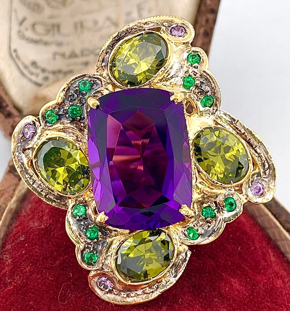 没有保留价 - 戒指 - 9 kt. 黄金, 银 紫水晶 - 祖母绿 #1.0