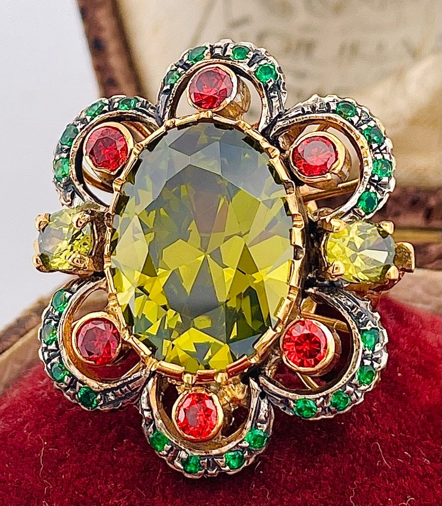 χωρίς τιμή ασφαλείας - Δαχτυλίδι - 9 kt. Κίτρινο χρυσό, Ασημί Περίδοτο - Γρανάτης #3.2