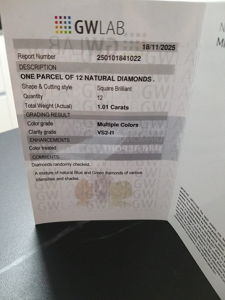 沒有保留價 - 12 pcs 鑽石 (經顏色處理) - 1.01 ct - 方形 藍色, 綠色 - VS2, I1 - Gemewizard Gemological Laboratory (GWLab) #2.1