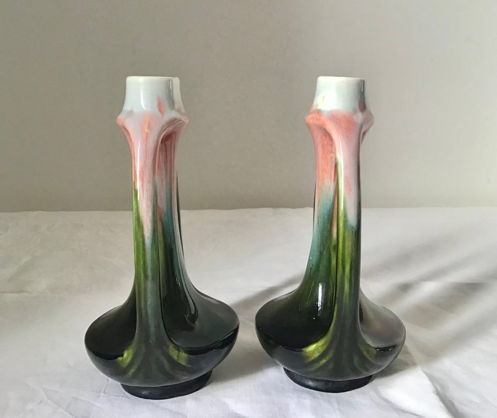 Faiencerie de Thulin - Vase (2) - Art deco drip glaze vases in pottery. #4.3