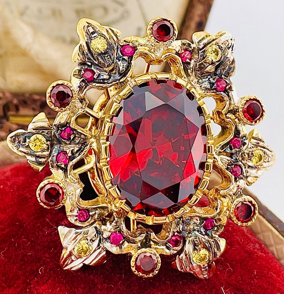 沒有保留價 - 戒指 - 9 節 黃金, 銀 石榴石 - 紅寶石 #4.3