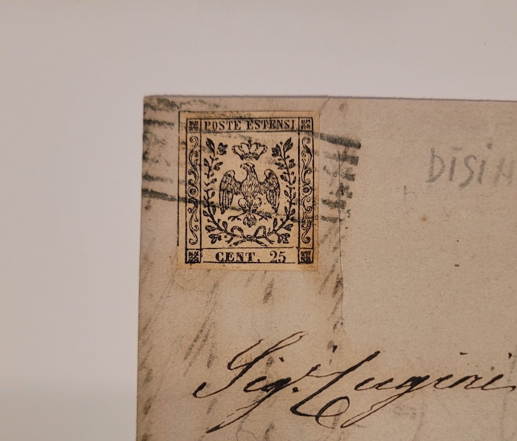 意大利古國－摩德納 1858 - 乐透信件：古代州份信件，25分莫德纳邮票，适用于伦巴第-威尼托地区，信件已消毒+州份 - Sassone N. 4 #1.0