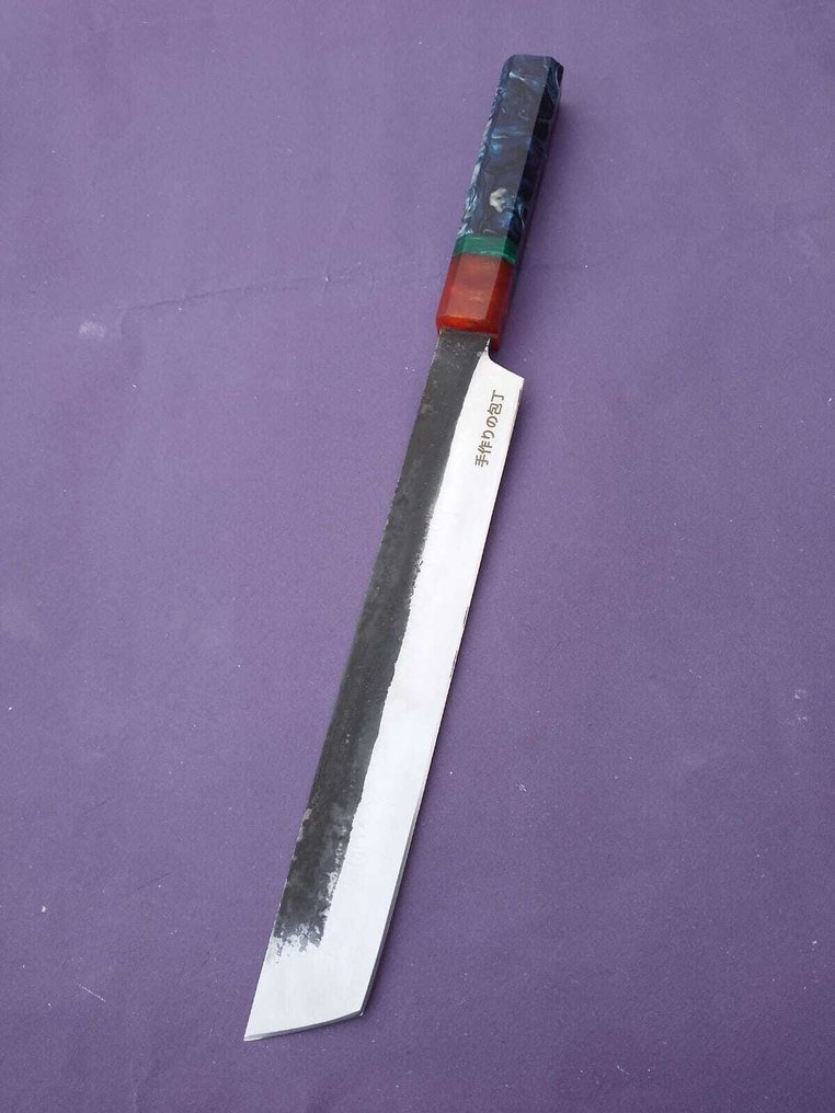 厨刀 - 厨房专业武士刀厨师刀，由K Romain手工制造，日本制造 -  法国艺术家与日本艺术家的合作：专业的Sakimaru Takobiki和Curverd Edge Chef - 白钢艺术柄 - 日本 - 法国艺术家合作 #1.0