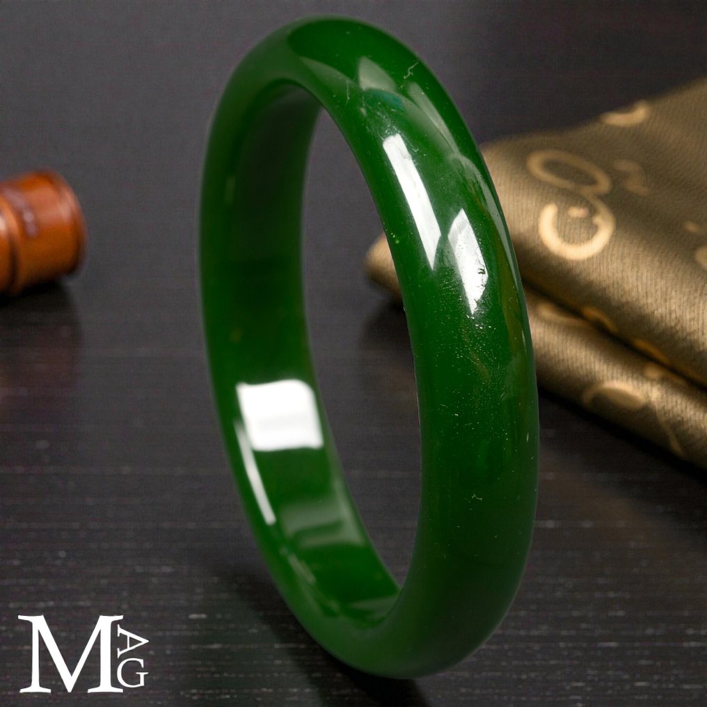 Deep Green Nephrite Jade Bangle – Carved from a Solid Stone Block - Altezza: 79 mm - Larghezza: 79 mm- 50 g #4.3