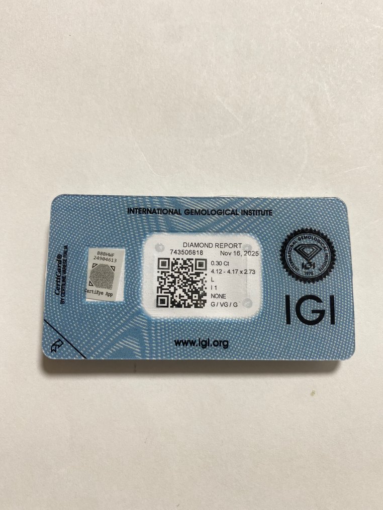 没有保留价 - 1 pcs 钻石  (天然)  - 0.30 ct - 圆形 - L - I1 内含一级 - 国际宝石研究院（IGI） #2.1