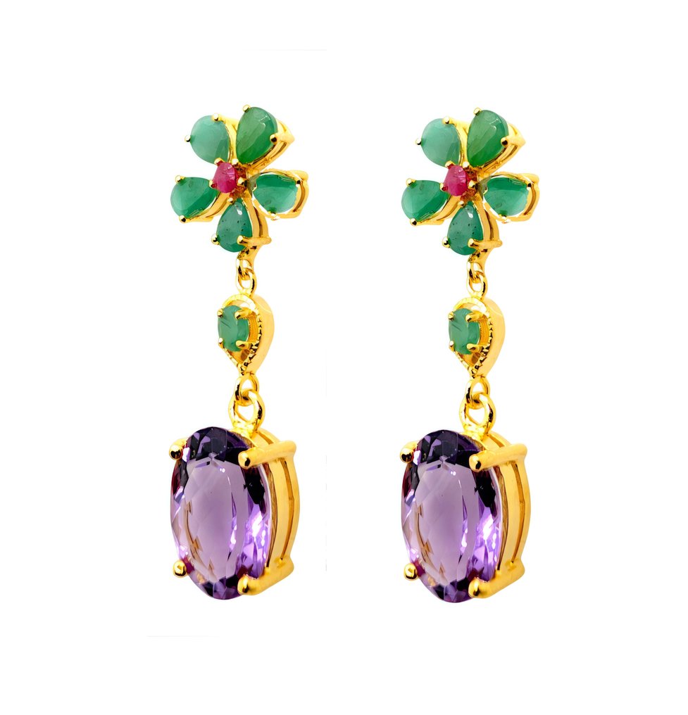 Ingen reservasjonspris - Øredobber Sølv, Gullplattert Ametyst - Smaragd - Rubino - 7,40 kt. #1.0