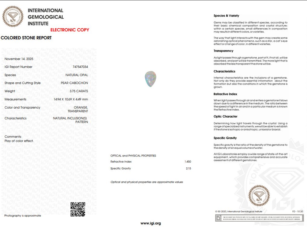 Senza prezzo di riserva - 1 pcs  Arancione Opale  - 3.75 ct - International Gemological Institute (IGI) - CHAFF PATTERN AAA OPAL #2.1