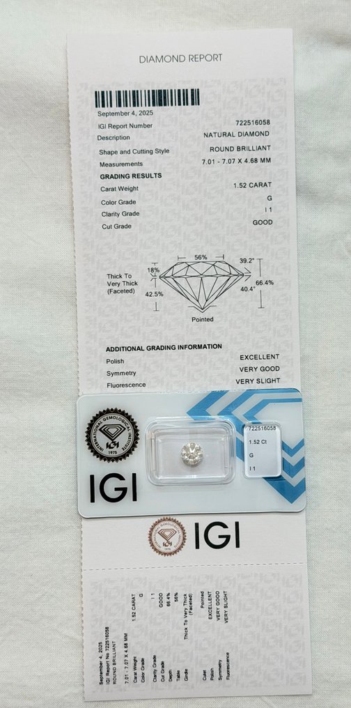1 pcs Διαμάντι  (Φυσικό)  - 1.52 ct - Στρογγυλό - G - I1 - International Gemological Institute (IGI) #1.0