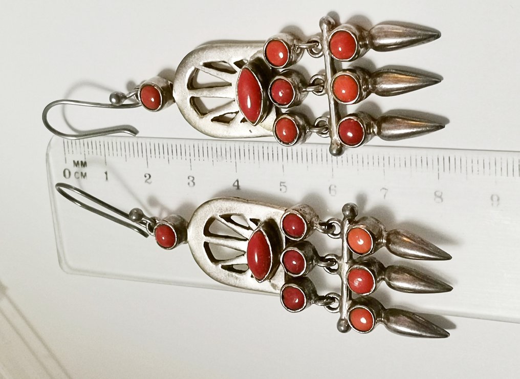 χωρίς τιμή ασφαλείας - Σκουλαρίκια Ασημί Κοράλλι αίματος - Στυλ αυτόχθονων Αμερικανών. #4.3