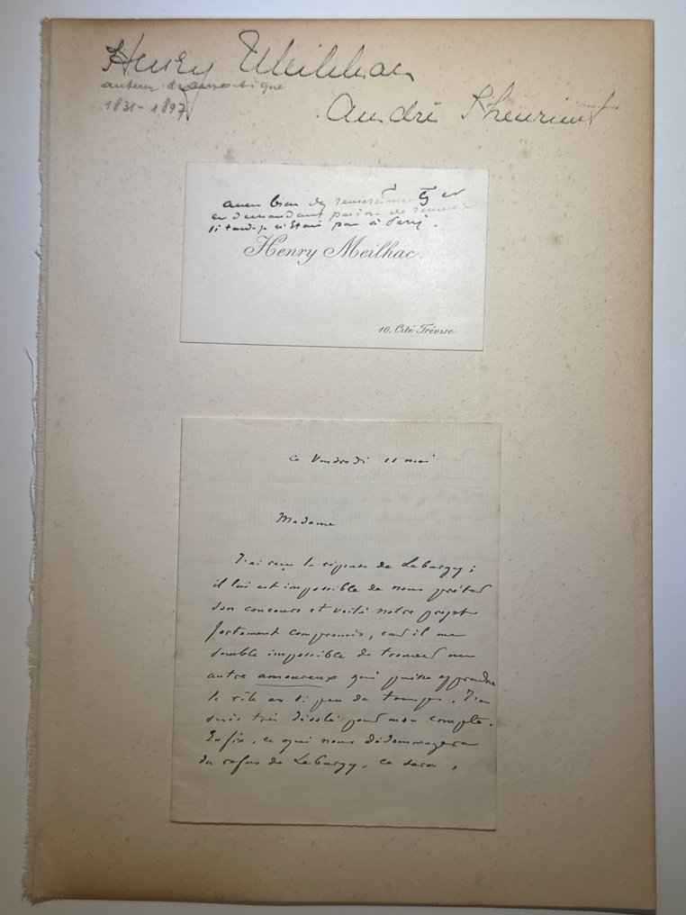 Henri Meilhac (1830–1897) French playwright, opera librettist André Theuriet (1833–1907) French - Autograph signed letter and one carde de visit - 1890 #1.0