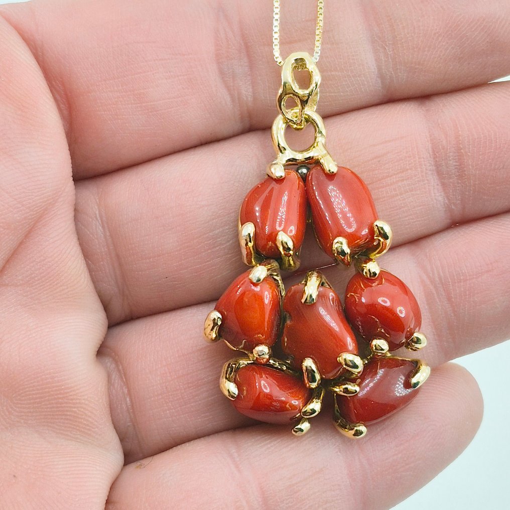 紅珊瑚 - 銀, 鍍金 - 吊墜頸鏈 - CORALLO MEDITERRANEO #3.2