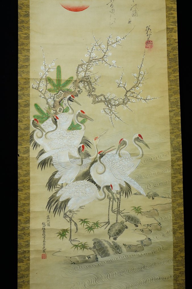 Absolute Auction – Edo–Meiji Japanese Hanging Scroll – “Cranes at Sunrise with Plum Blossoms” – by - Tosa Mitsusada(土佐光貞) - Ιαπωνία (χωρίς τιμή ασφαλείας) #2.1