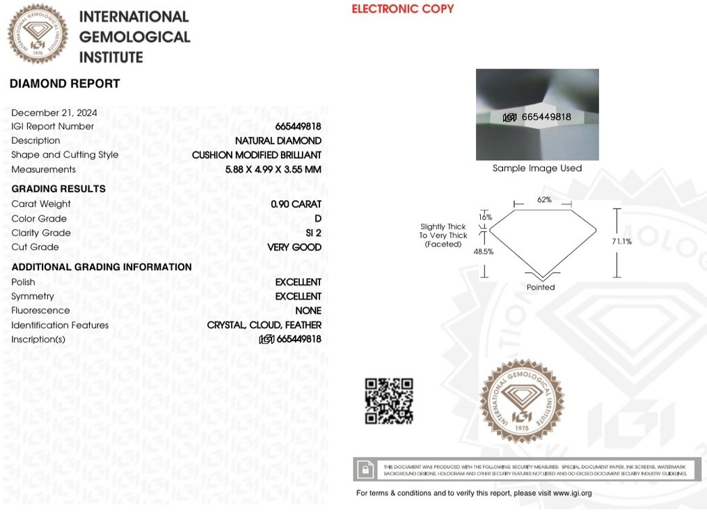 No reserve price - 1 pcs Diamond  (Natural)  - 0.90 ct - Cushion - D (colourless) - SI2 - International Gemological Institute (IGI) #4.3