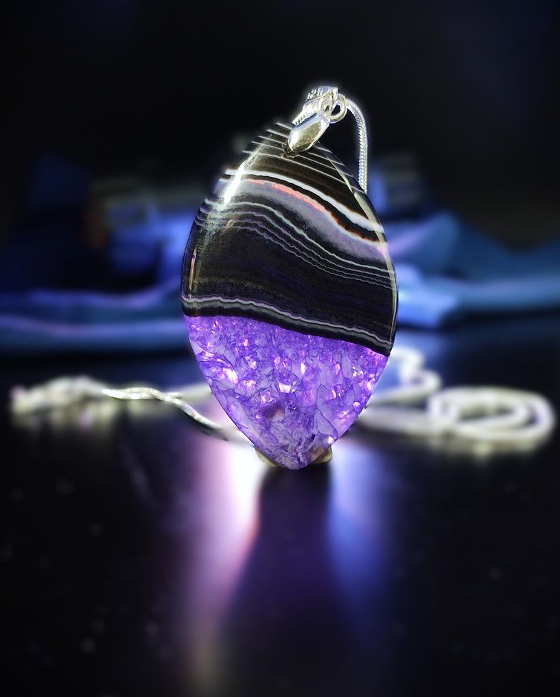 Pendente di agata a bande molto bello, collana in argento 925, spedizione gratuita - Collana con ciondolo #1.0