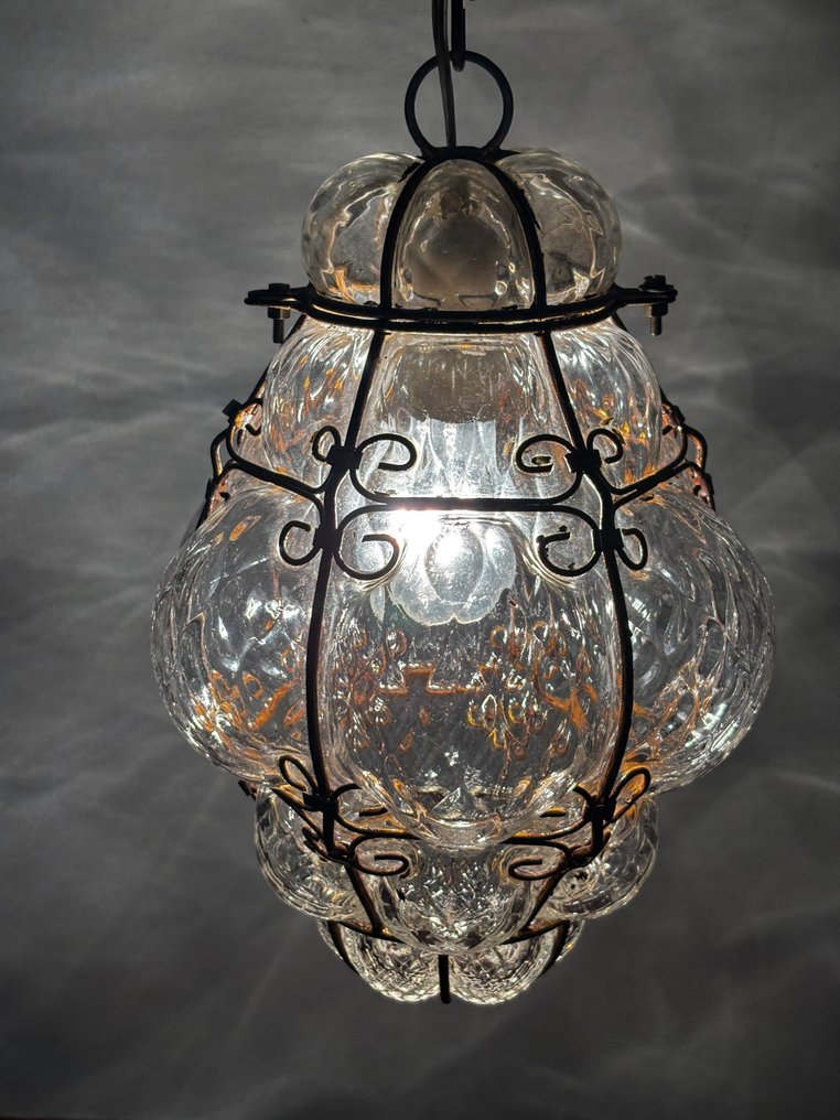 Hanging lamp - Glass, Metal - Vintage chandelier made of transparent blown glass with decorative bubbles and a structure in #1.0