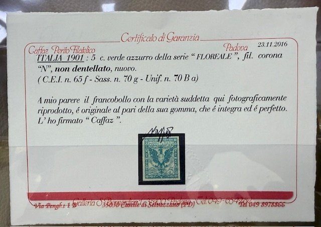Ιταλία Βασίλειο 1901 - Floreale 5 σ. πράσινο γαλάζιο χωρίς οδοντογλυφίδα MNH** - Sassone 70 g #2.1