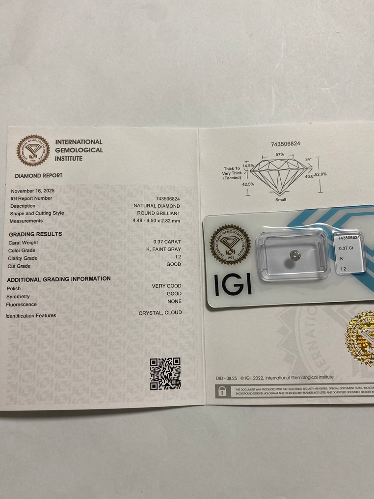 No Reserve Price - 1 pcs Diamond (Natural) - 0.37 ct - Round - K - I2 - International Gemological Institute (IGI) #4.3