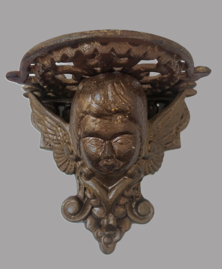 Γλυπτό, Engelskonsole - Engelskopf Putto mit Ablage - Wandkonsole - 21 cm - Μέταλλο, χυτοσίδηρος - 1960 #1.0