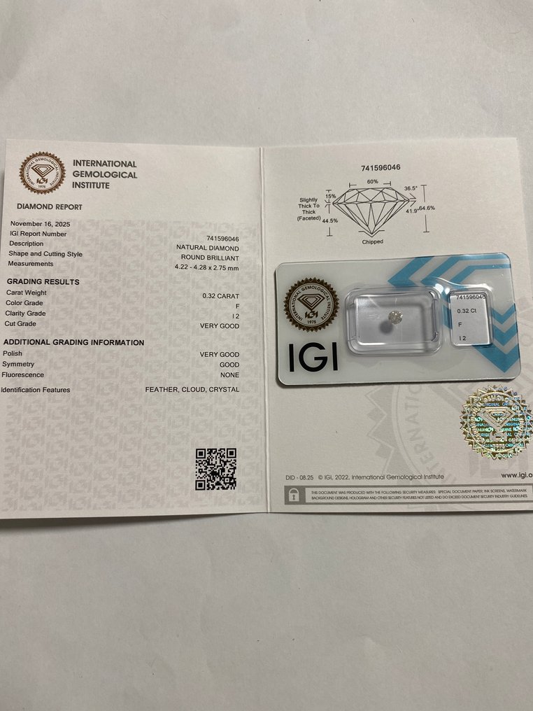 沒有保留價 - 1 pcs 鑽石  (天然)  - 0.32 ct - 圓形 - F(近乎無色) - I2 - 國際寶石學院（International Gemological Institute (IGI)） #4.3