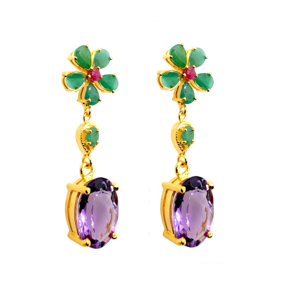 Ingen reservasjonspris - Øredobber Sølv, Gullplattert Ametyst - Smaragd - Rubino - 7,40 kt. #1.0