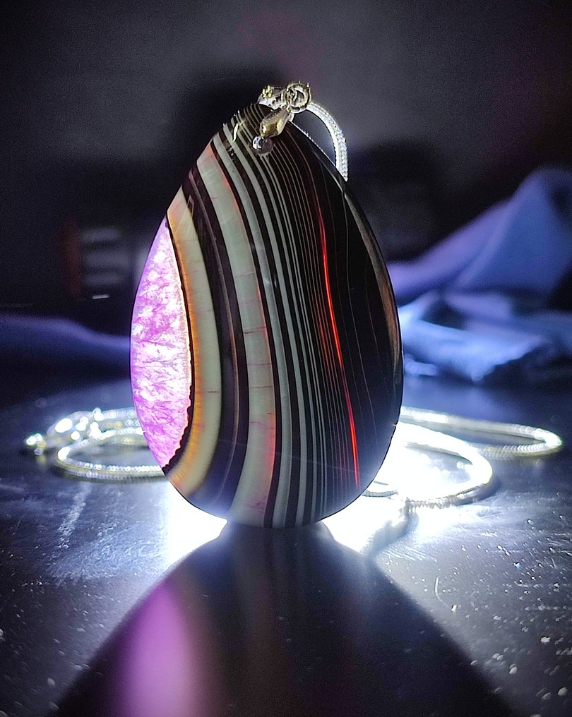 非常漂亮的条纹玛瑙吊坠925银项链，免运费 - 吊坠项链 #1.0