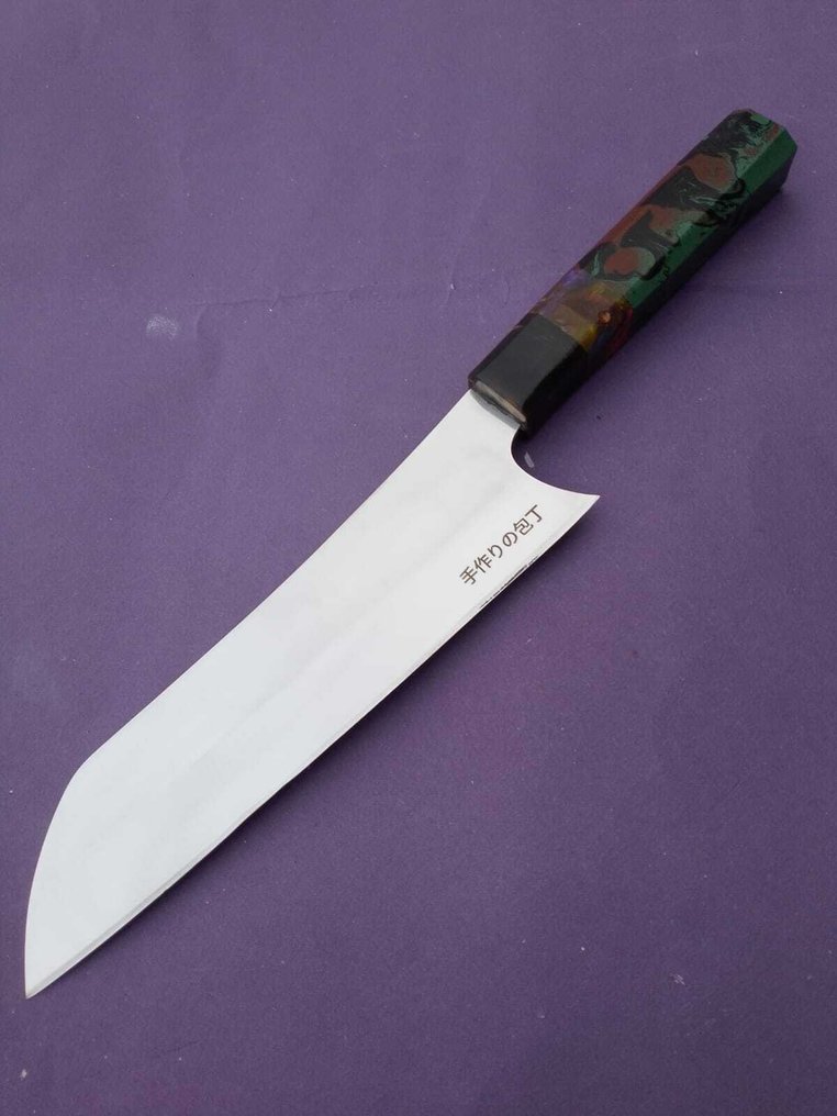 Kitchen knife -  Professional Japanese Santoku Knife Hand made French Artist and Japanese collaboration - Shirogami White Steel Natural Wood - Japan - French Artist Collaborate #4.3
