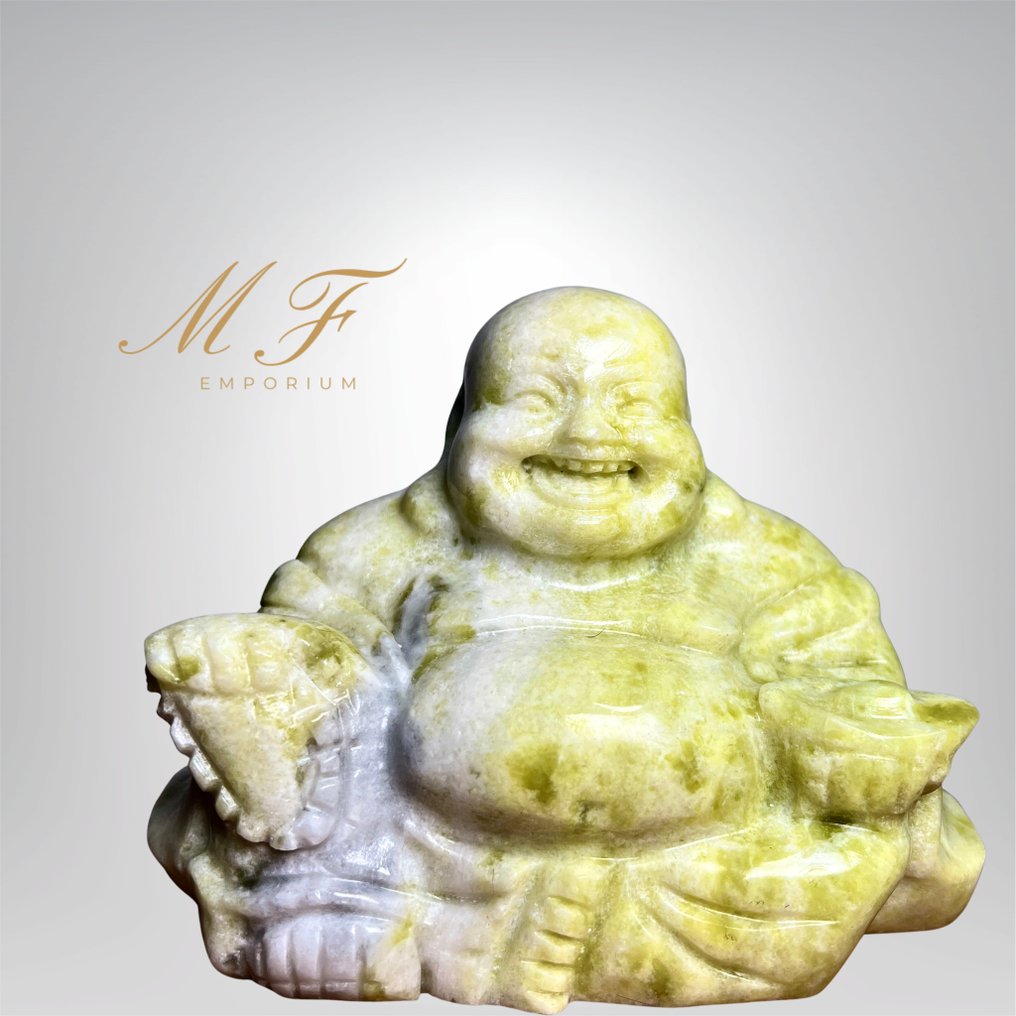 Magnificent Buddha statues in citron jade. Carving - Height: 120 mm - Width: 150 mm- 1350 g - (1) #1.0