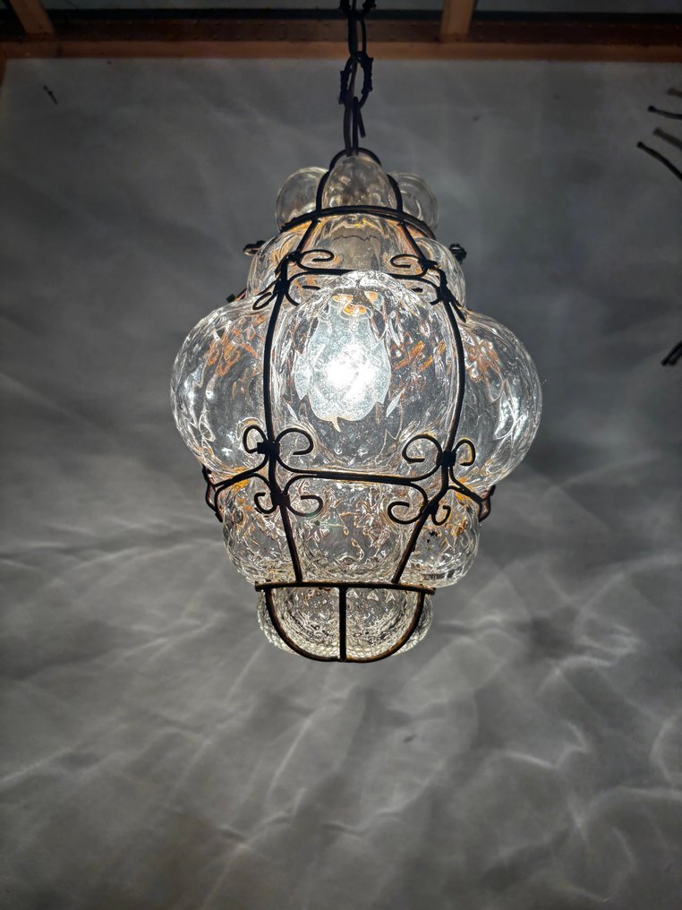 Hanging lamp - Glass, Metal - Vintage chandelier made of transparent blown glass with decorative bubbles and a structure in #4.3