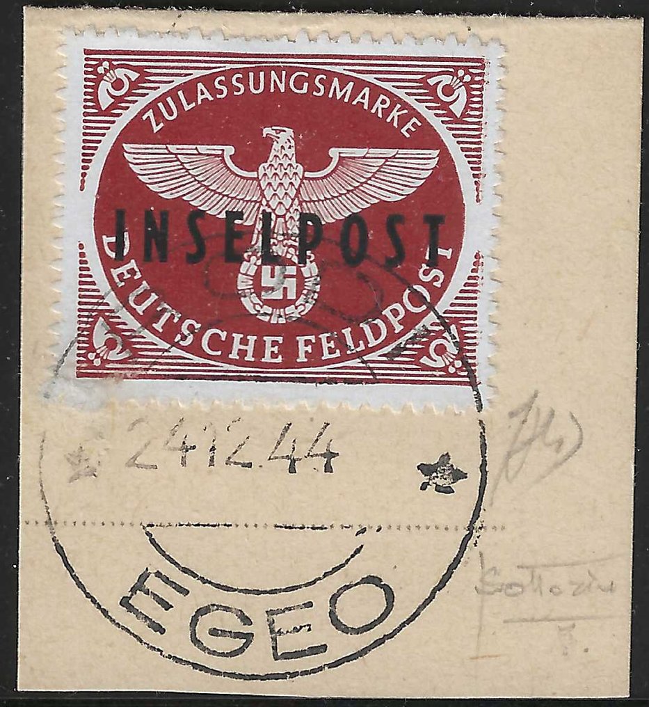 Italy Kingdom 1944 - German occupation of the Aegean: issuance of Rhodes, zigzag perforated INSELPOST No.3 Cert. - Sassone: Occupazione tedesca dell'Egeo n.3 #1.0