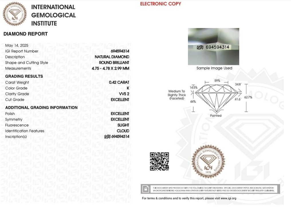 Nincs minimálár - 1 pcs Gyémánt (Természetes) - 0.42 ct - Kerek - K - VVS2 - Nemzetközi Gemmológiai Intézet (IGI) - Ex Ex Ex #4.3