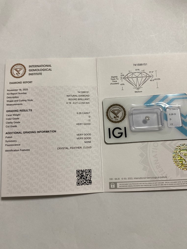 No Reserve Price - 1 pcs Diamond  (Natural)  - 0.29 ct - Round - D (colourless) - I2 - International Gemological Institute (IGI) #4.3