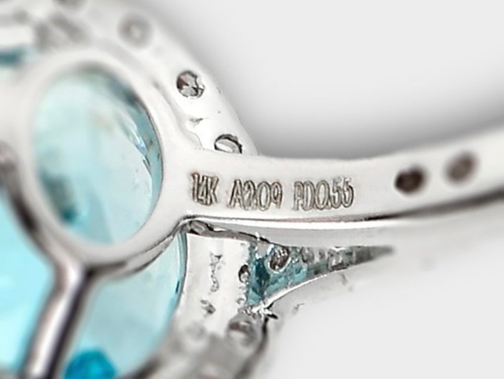 戒指 - 14K包金 白金 海蓝宝石 - 钻石 #4.3