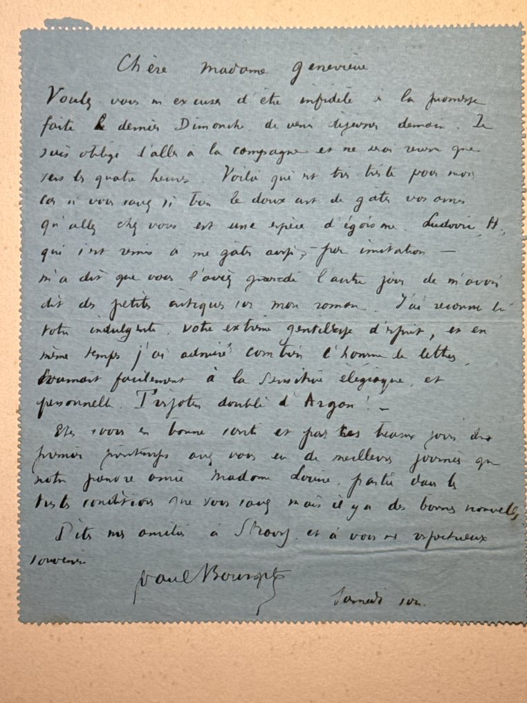 Paul Bourget (1852–1935) French poet, novelist and critic. Nominated 5 times for the Nobel Prize in - Autograph signed letter to a Madame about literature - 1890 #1.0