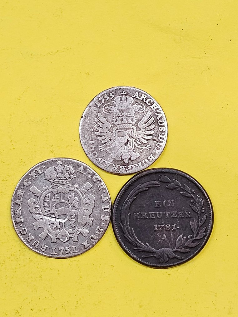 奧地利. 1 Kreuzer 1781 + Schelling zilver 1751 + 14 Liards zilver 1755  (沒有保留價) #1.0