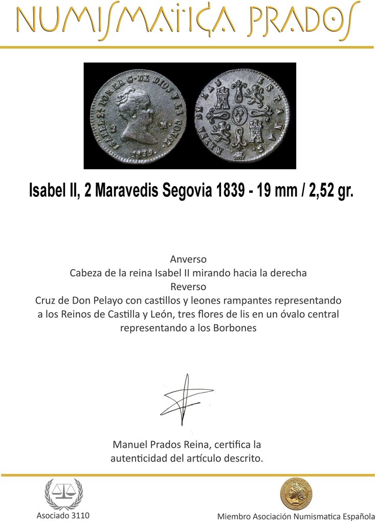 Ισπανία. Isabel II. 2 Maravedís Segovia 1839 (χωρίς τιμή ασφαλείας) #1.0