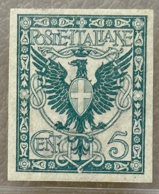 Ιταλία Βασίλειο 1901 - Floreale 5 σ. πράσινο γαλάζιο χωρίς οδοντογλυφίδα MNH** - Sassone 70 g #1.0