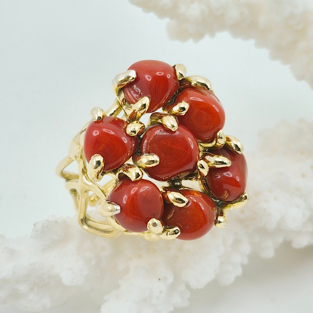 Κοράλλι αίματος - Ασημί, Gold-plated - Δαχτυλίδι - CORALLO MEDITERRANEO #1.0