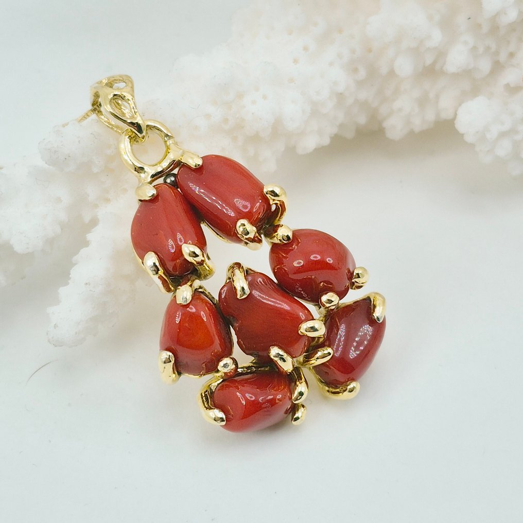 紅珊瑚 - 銀, 鍍金 - 吊墜頸鏈 - CORALLO MEDITERRANEO #1.0