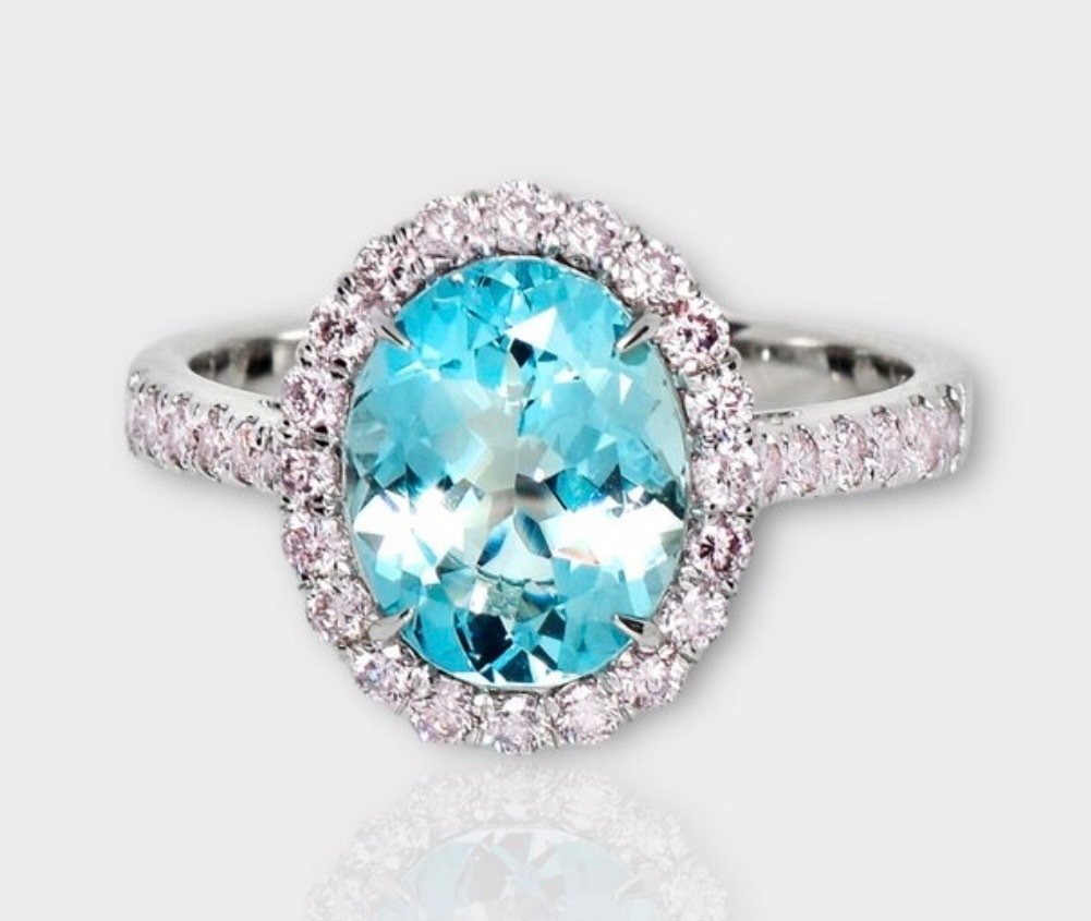 戒指 - 14K包金 白金 海蓝宝石 - 钻石 #1.0