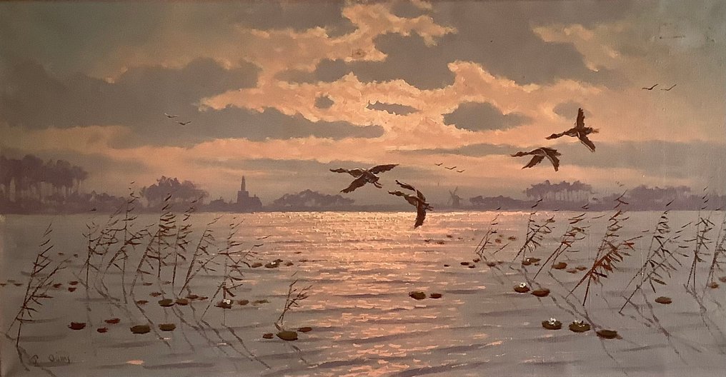 Teunis Ooms (1906-1999) - Golden hour of sunset with flying ducks over a Dutch watery polder landscape #2.1
