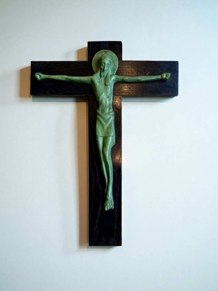 Χάλκινος σταυρός σε εβονισμένο ξύλο - 48 εκ. - Μπρούντζος, Ξύλο - 1950-1960 #1.0